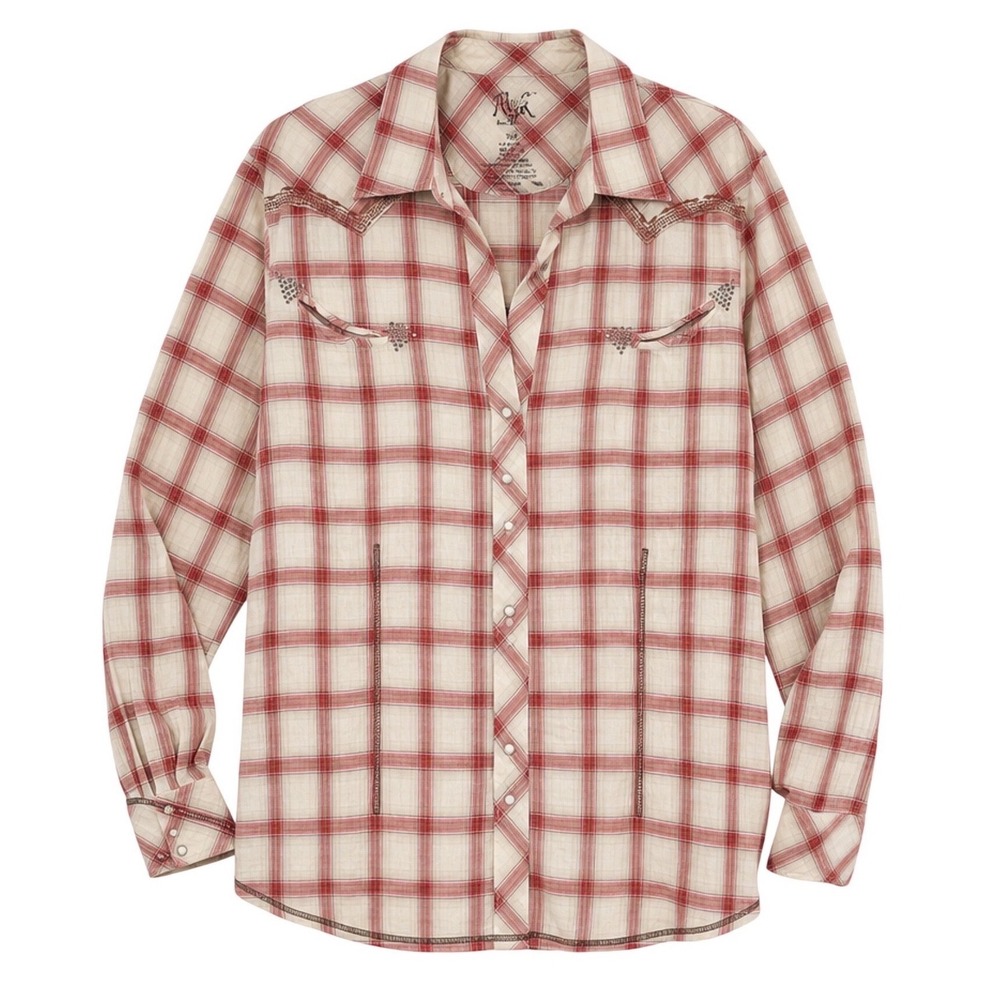 Rock 47 by Wrangler Womens Red Plaid Metallic Western Snap Shirt XXL LJ4013R